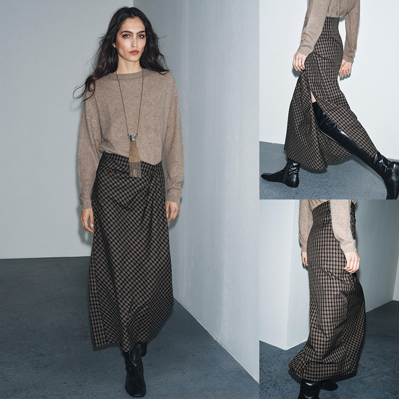 2025冬季新品 女装 气质甜美百搭中腰褶皱格纹半身裙 9773164 800