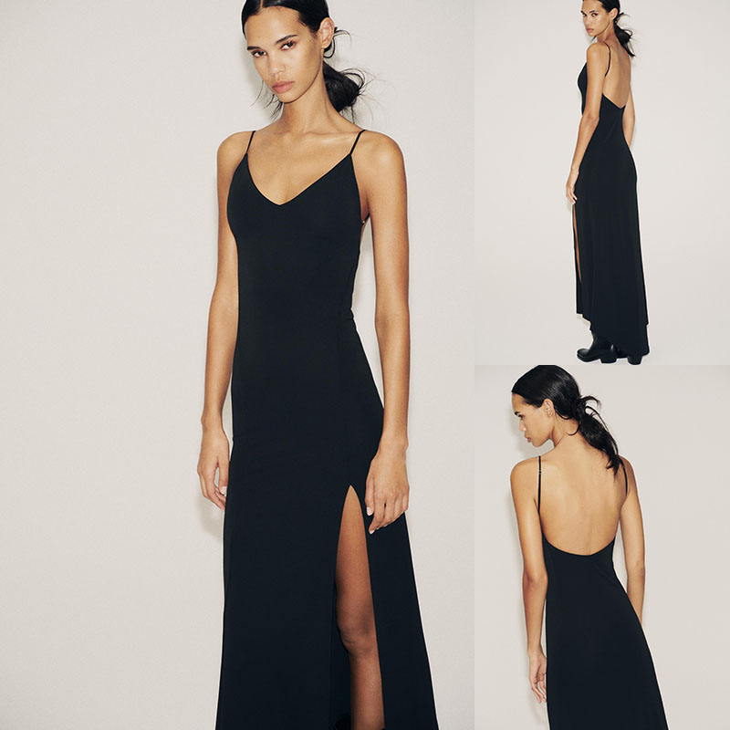 2025冬季新品 女装 气质黑色吊带绉布长V领连衣裙 6050807 800
