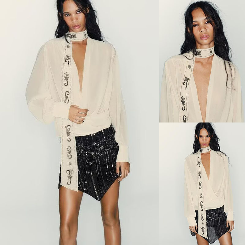 2025冬季新品 女装 时尚气质甜美百搭乔其纱串珠围巾衬衫 0881141