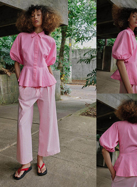 2026夏季新品 女装 甜美翻领泡泡袖粉色条纹府绸衬衫 3211825 620