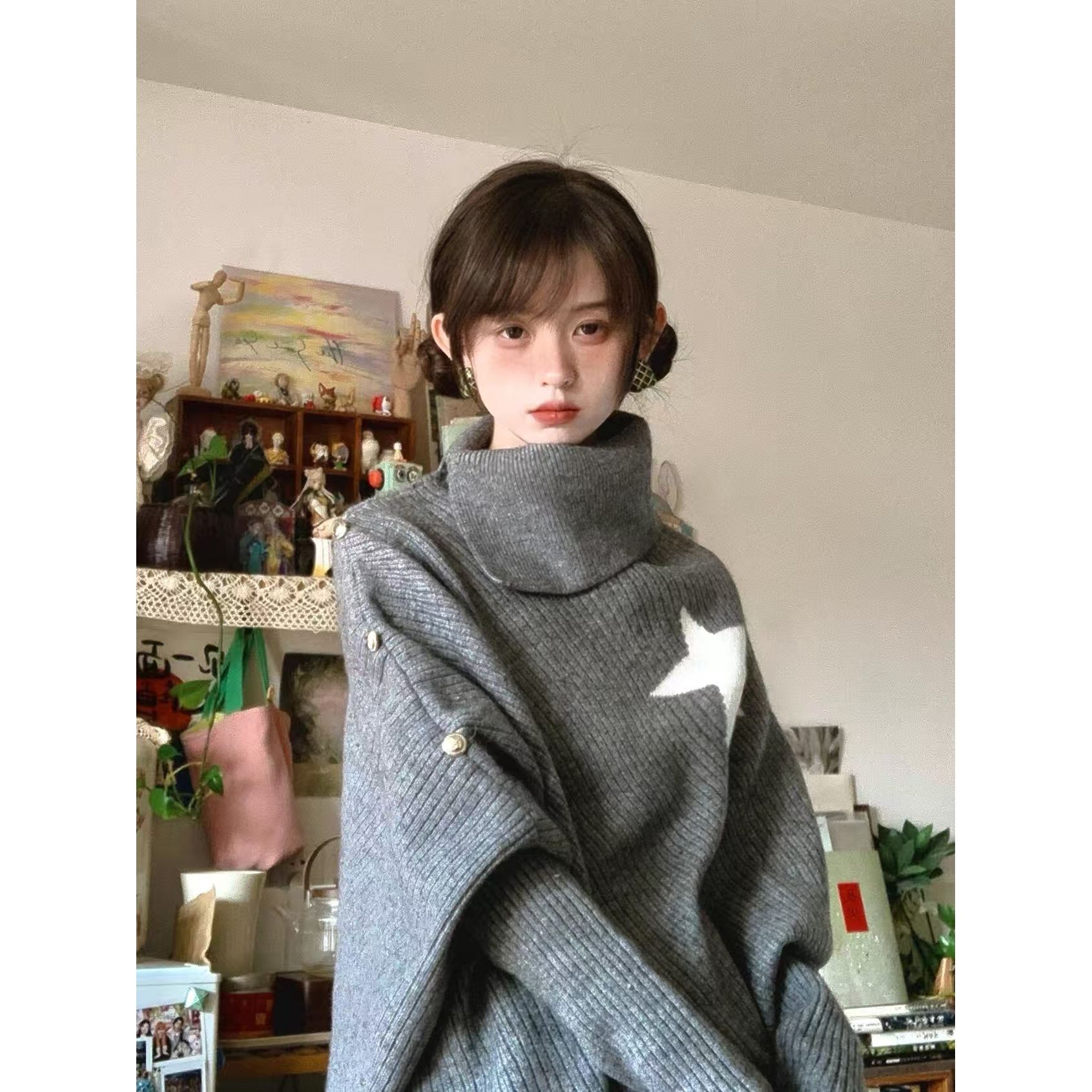 灰色不规则设计感宽松慵懒风小众斗篷高领星星毛衣披风针织衫女秋