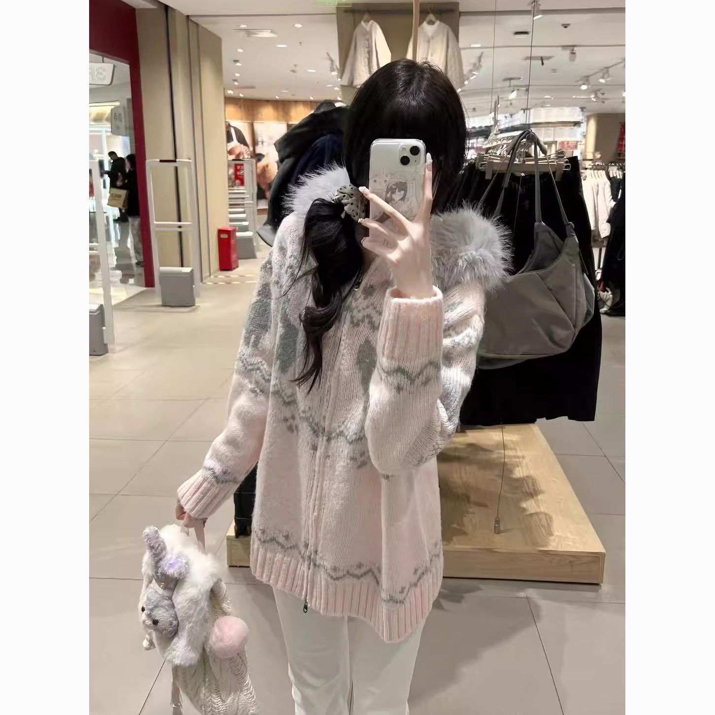 费尔岛小猫连帽拉链毛衣开衫外套女秋冬学院风粉色卡通提花针织衫