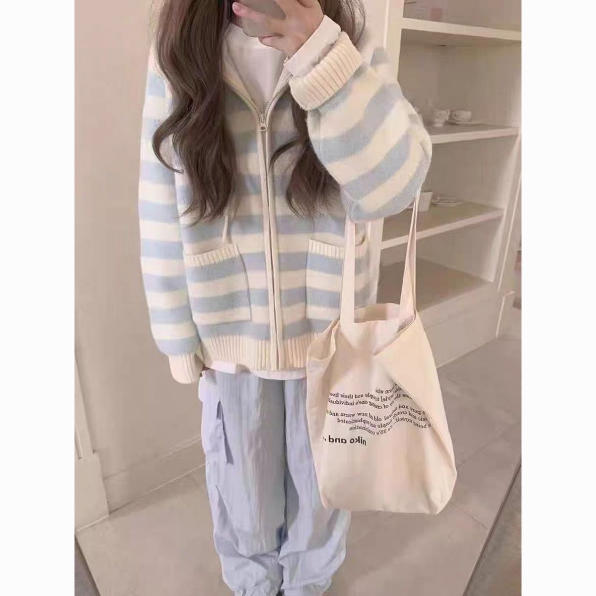 日系甜美粉色条纹秋冬针织毛衣外套女宽松显瘦小个子连帽开衫