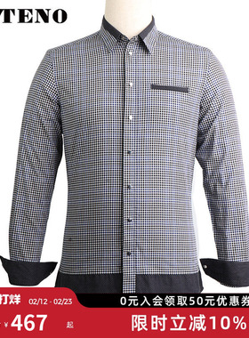 ZOTENO/左天奴衬衫男士高档纯棉钢扣格子商务正装长袖衫A0C24