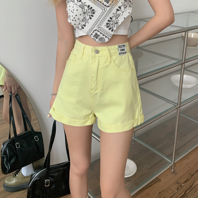 Real price 2021 summer Korean high waist candy color show thin loose wide leg curled denim shorts