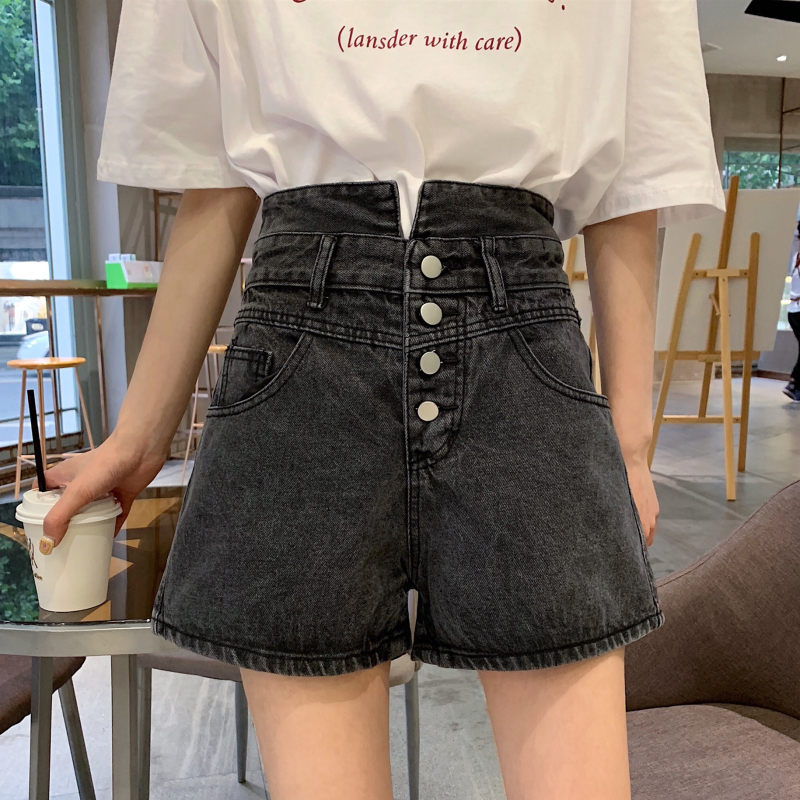 High waist and thin four grain button wide leg loose and versatile denim shorts