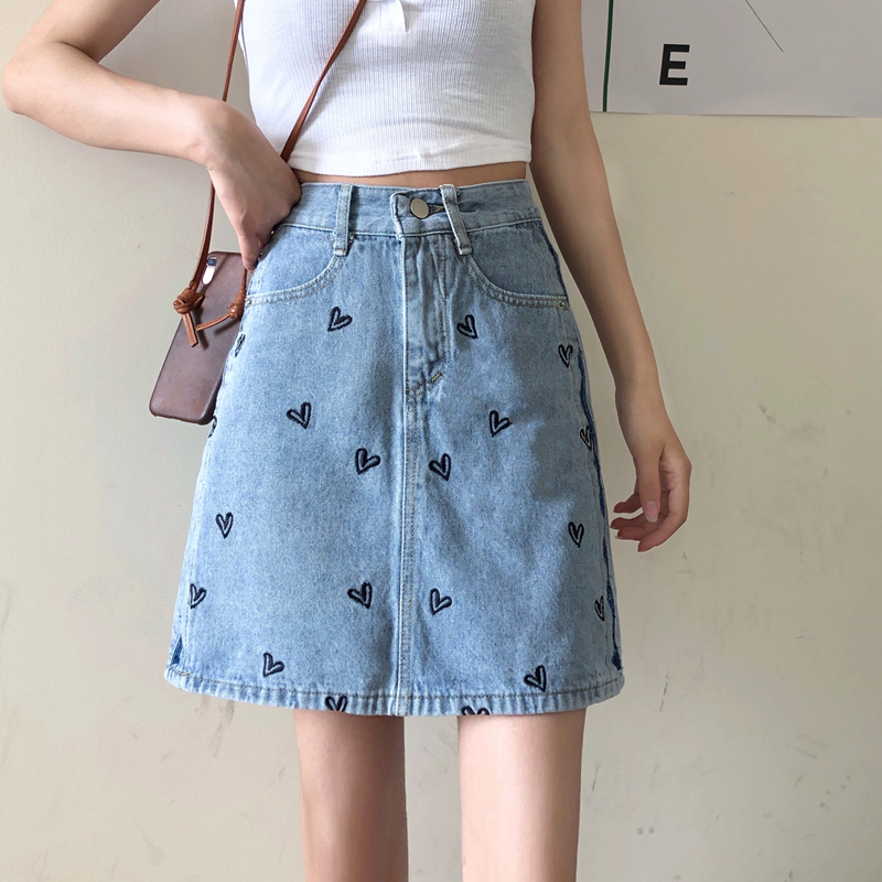 Real price 2021 summer high waist slim love Embroidered Denim A-line skirt