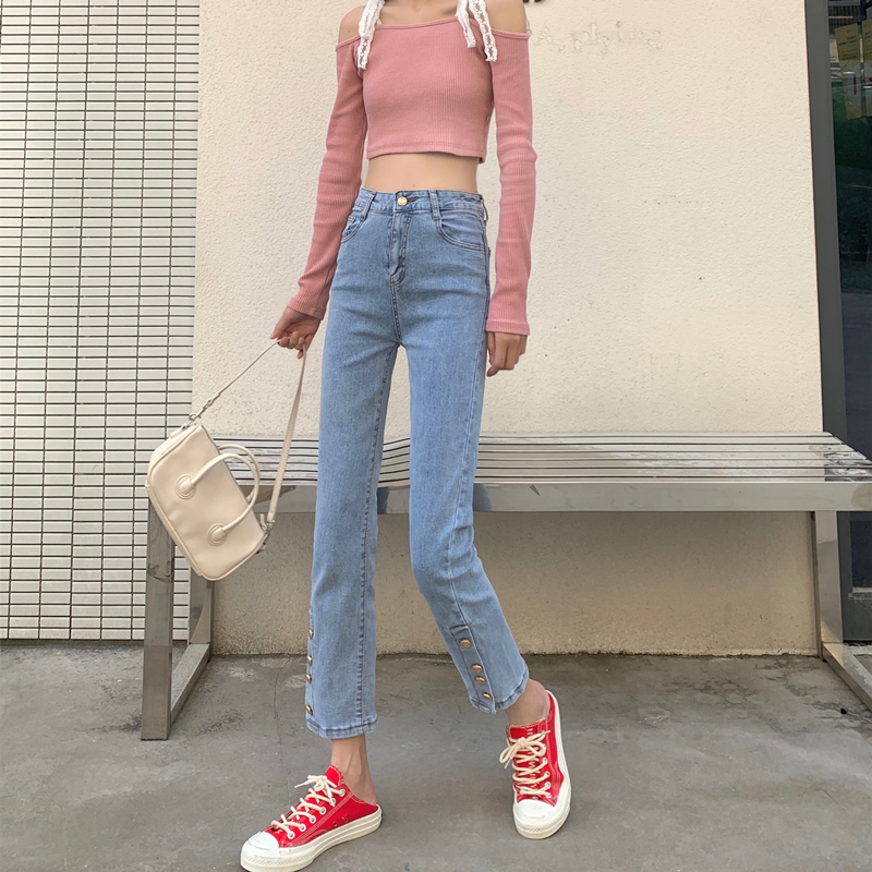 實拍實價 韓版高腰顯瘦百搭水洗減齡微喇九分褲牛仔褲女