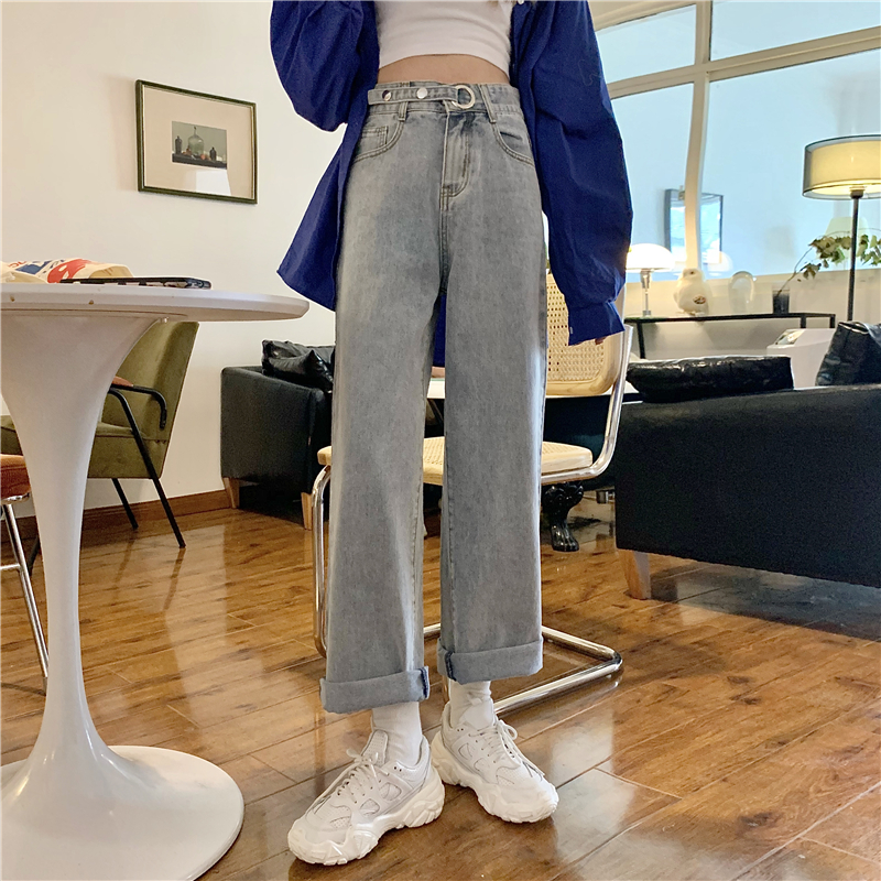 實拍實價 2020秋季新款 韓版高腰水洗顯瘦闊腿牛仔褲女
