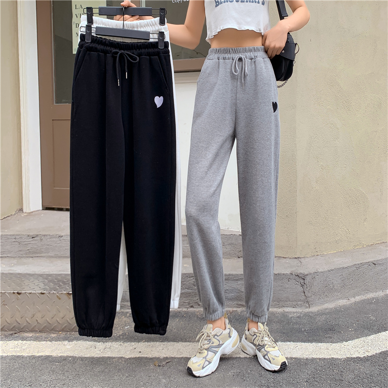 Real auction real price 2021 spring love Star embroidered sports pants women's drawstring hem loose casual straight pants