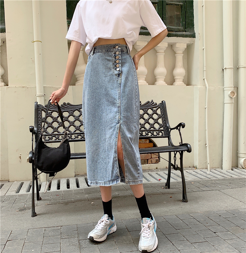 Real price 2021 spring New Retro High Waist split buttock skirt denim skirt