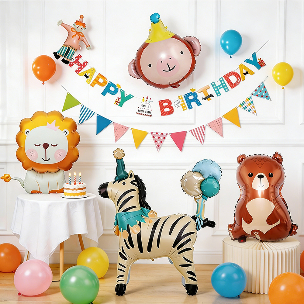 儿童卡通猴子狮子马班生日派对装饰布置套餐气球生肖背景墙用品