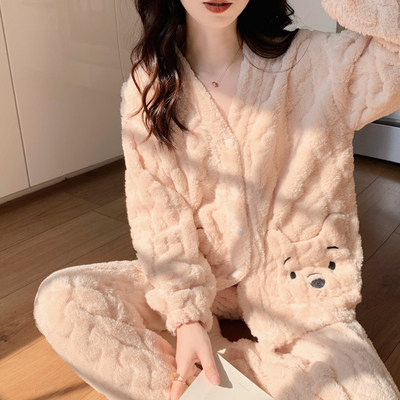 睡衣女冬款珊瑚绒加绒加厚网红风卡通甜美小熊法兰绒秋冬季家居服