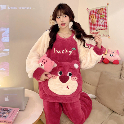 草莓熊珊瑚绒睡衣女秋冬加绒加厚