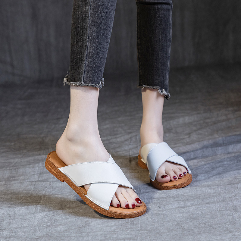 2024夏新款凉拖鞋女真皮软底舒适百搭牛筋厚底粗跟凉鞋子平跟罗马
