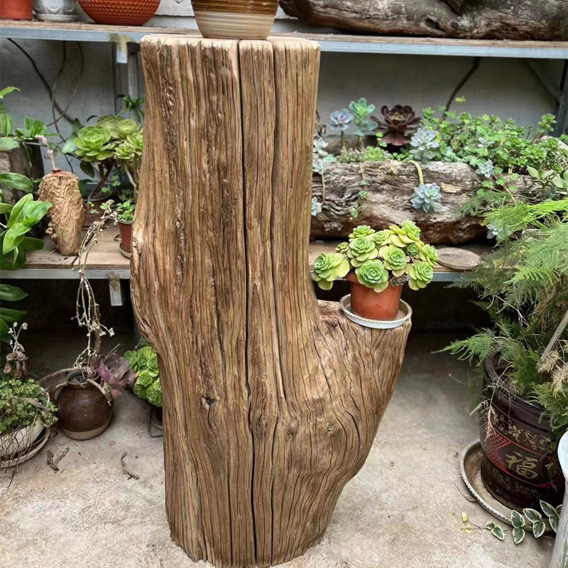 老风化木圆木底座朽木老树桩铁栎木根雕花架 铁栎木树墩子枯木