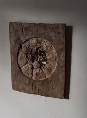 古木雕侘寂风茶空间禅意墙壁璧饰手工艺雕刻老木雕荷花251031