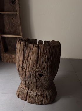 古旧老木桶风化木枯木侘寂风艺术空间摆件风化木古董木桶251104