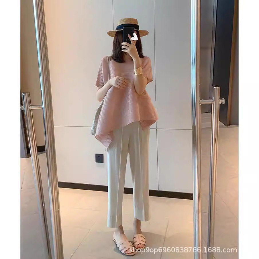 三宅系列上衣女小众圆领显瘦褶皱不规则上衣+褶皱夏宽松款半身裙