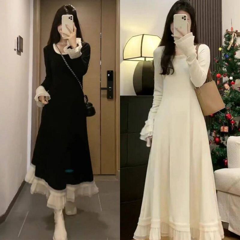 法式花边拼接长袖连衣裙女早秋冬打底长裙宽松弹力收腰连衣裙,女装/女士精品,连衣裙,淘宝优惠券,粉丝福利购,淘宝优惠卷