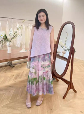 高级感三宅系列2025夏压褶皱不规则上衣百褶油画半身裙紫色套装