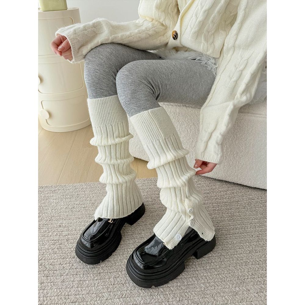 秋冬开叉袜灰色保暖腿套针织竖条堆堆袜套jk纯色女中筒黑色小腿袜