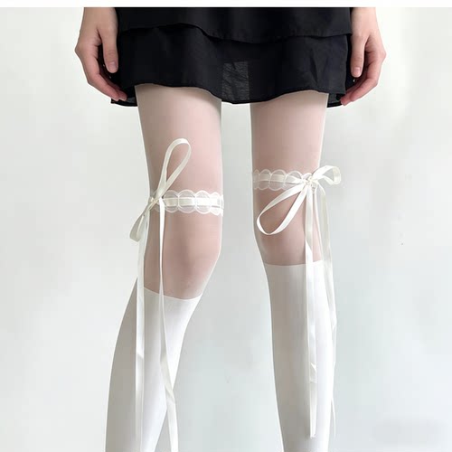 蝴蝶结绑带黑丝女奶白色拼接丝袜飘带连裤袜丝袜性感纯欲风甜美少