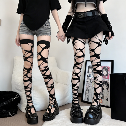 哥特不规则性感朋克镂空亚文化黑色暗黑过膝绑带破洞丝袜打底连裤