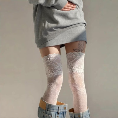 性感蕾丝花纹丝袜超薄透气镂空长筒袜白色过膝渔网袜女白丝配靴子
