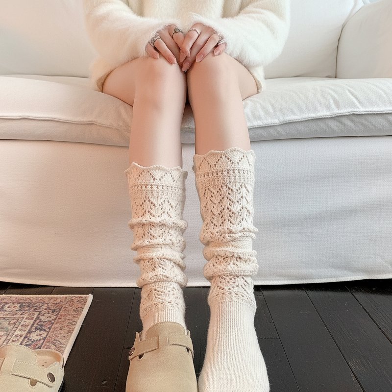 小腿袜女高筒秋冬堆堆袜纯欲日系复古镂空花边长袜针织毛线袜袜套