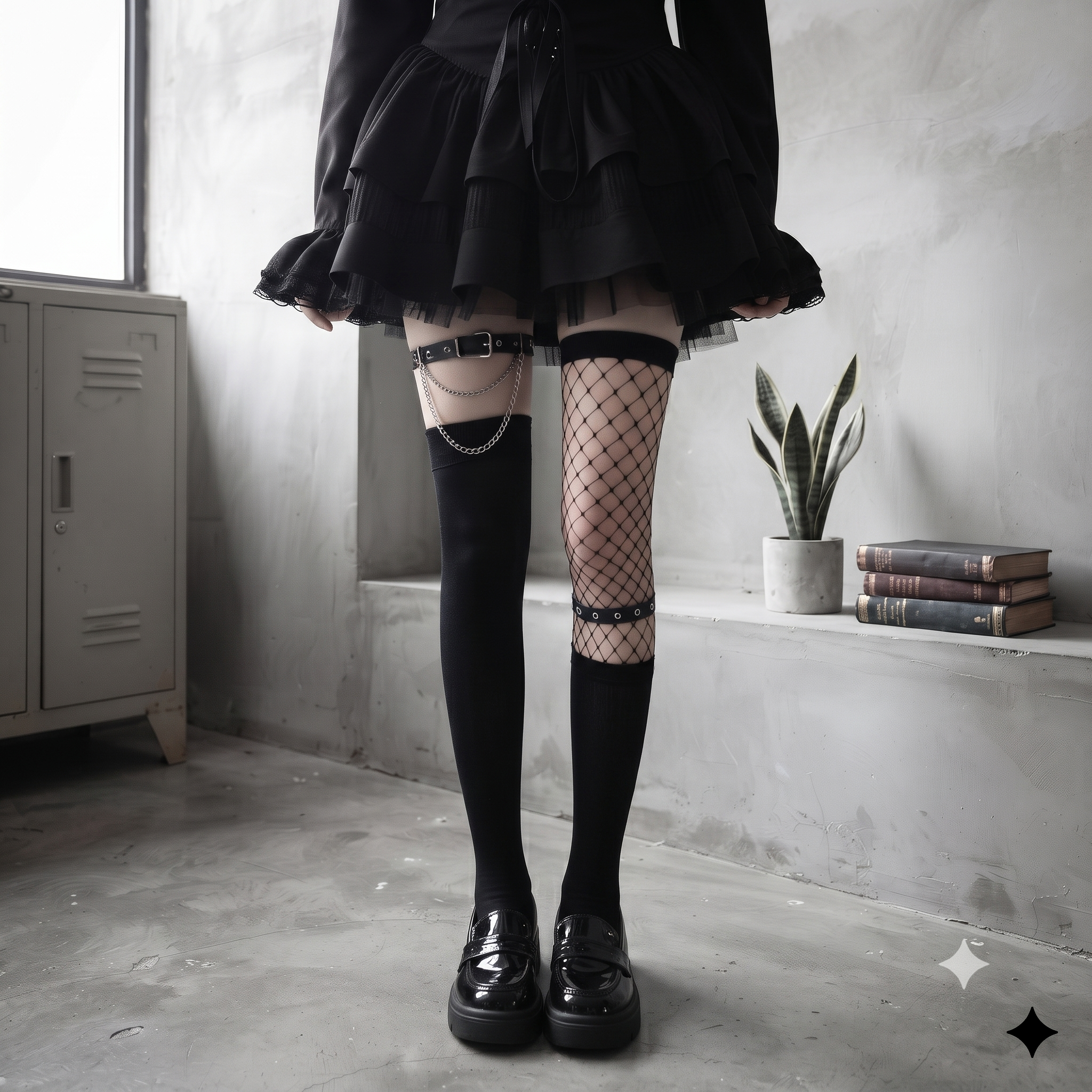 个性袜哥特风镂空破洞长筒袜甜酷少女y2k辣妹腿环链条黑丝不对称