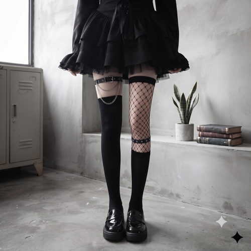 个性袜哥特风镂空破洞长筒袜甜酷少女y2k辣妹腿环链条黑丝不对称