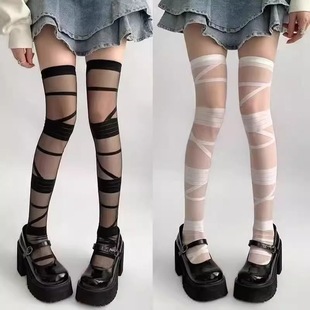 绑带丝袜白色洛丽塔袜子亚文化不规则jk长筒过膝袜y2k白丝绷带ins