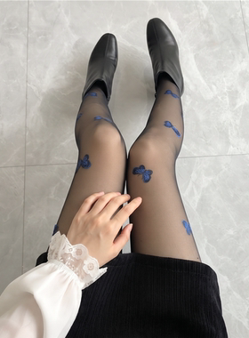 蓝色蝴蝶丝袜女新款2021黑秋冬防勾丝不掉档光腿神器长款裤袜