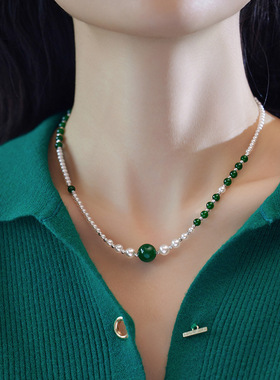 新中式绿玉髓玛瑙施家珍珠项链春夏女锁骨项链高级感小众颈链饰品