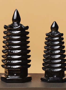 凤呈祥批发天然黑曜石九层文昌塔摆件黑色水晶家居客厅办公桌面摆