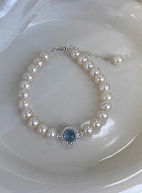 S925纯银海蓝宝珍珠手链轻奢小众