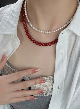 复古项链红玛瑙串珠项链可叠戴玉