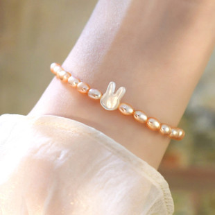 萌兔*天然真珍珠手链925银手链女不掉色甜美温柔手饰白蝶贝小兔