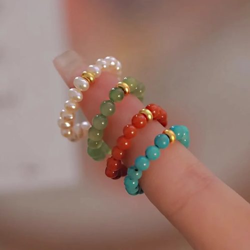 3mm新中式珍珠南红玛瑙戒指女小众设计串珠指环轻奢高级感精致绿