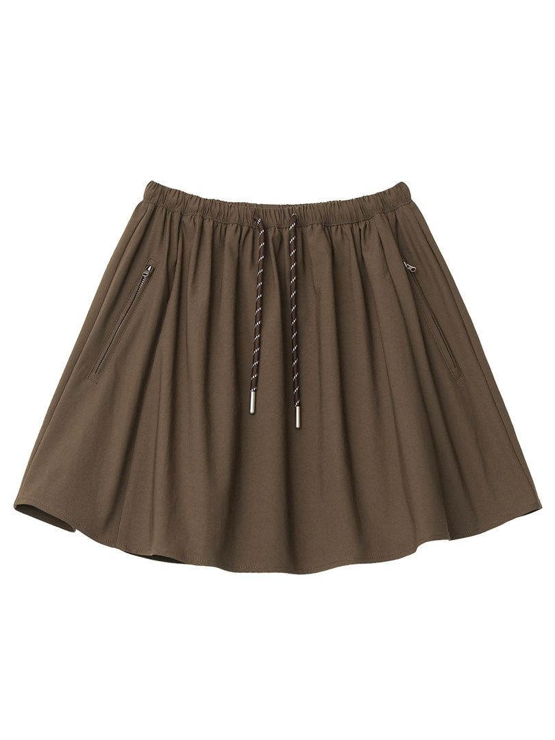 Brown flared mini skirt laid flat on a white background