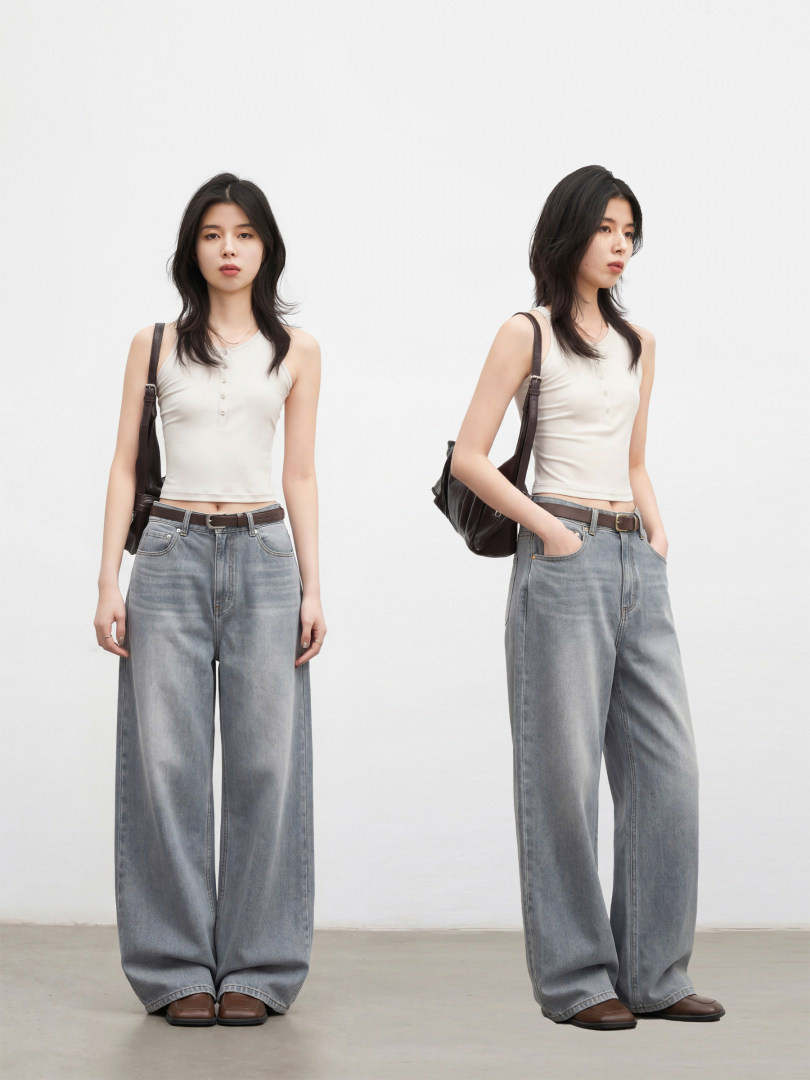 Wide-leg gray denim pants worn by a model