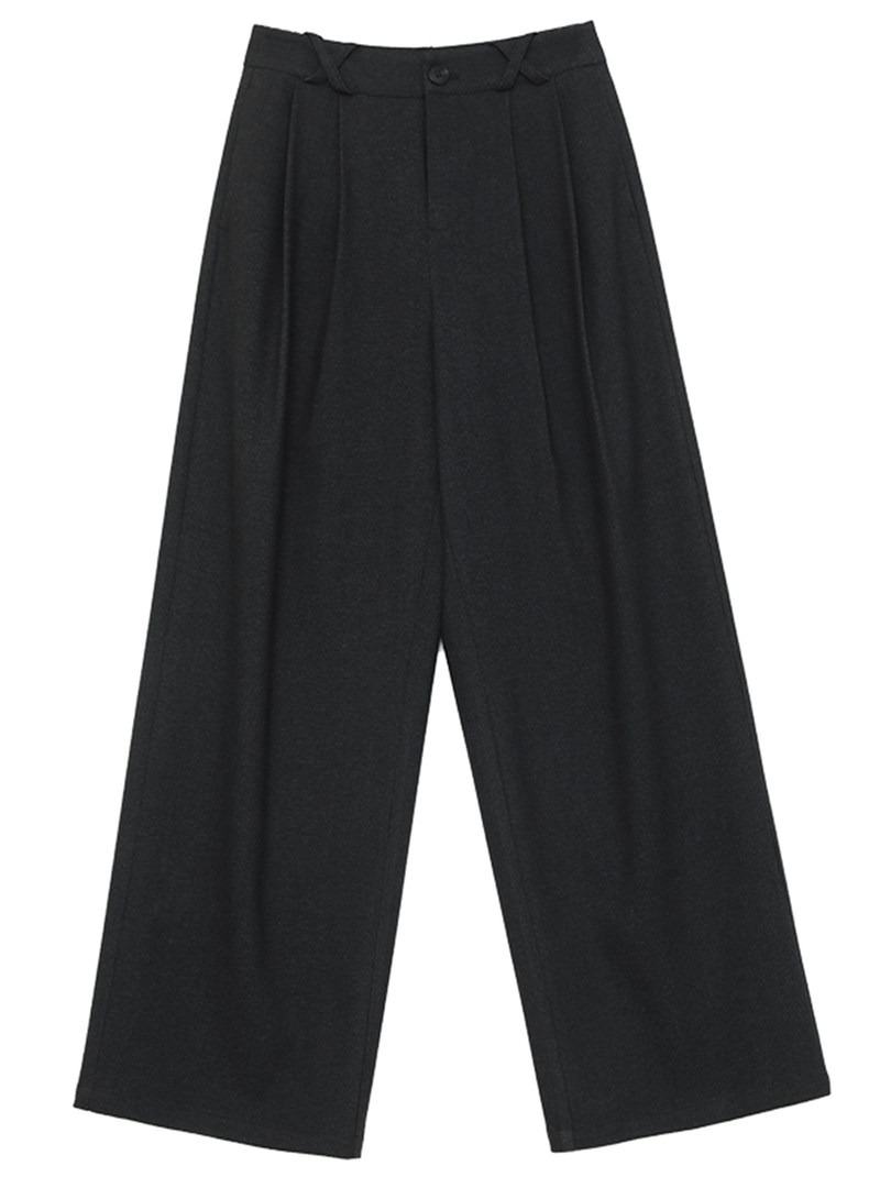 Black wide-leg pleated trousers laid flat on a white background