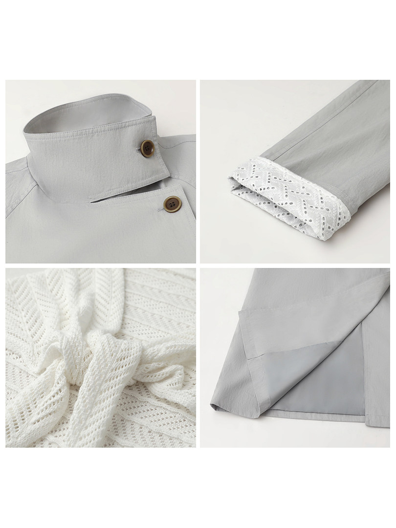 Light gray garment with lace-trimmed fabric detail shown in close-up collage