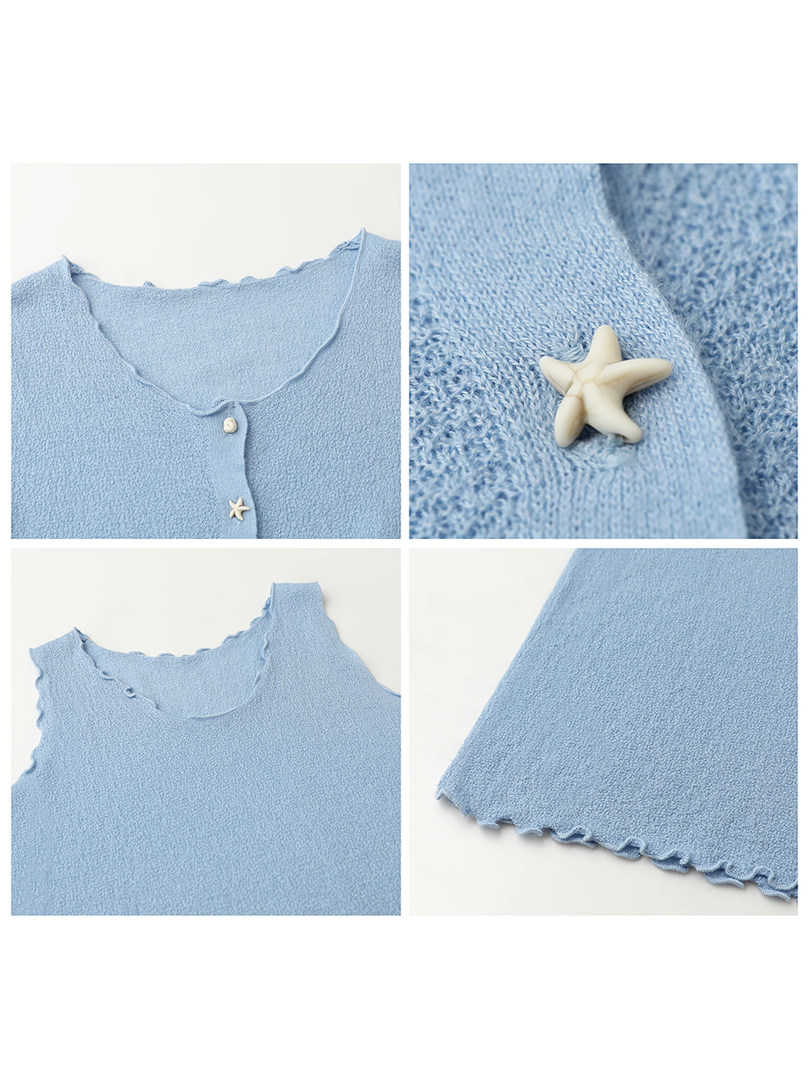 Light blue knit sleeveless top with star-shaped buttons shown in close-up and flat lay views