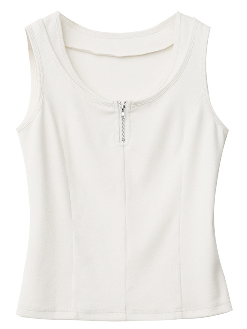 White sleeveless zip-front tank top on a plain background