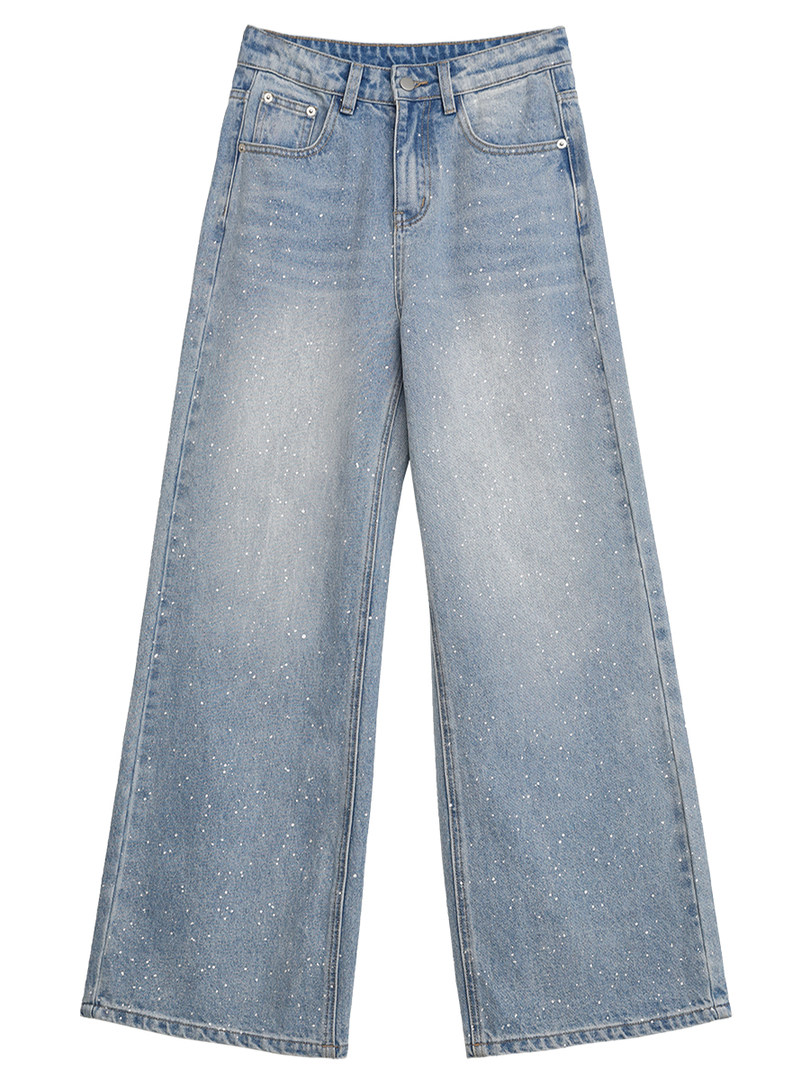 Light wash wide-leg jeans with speckled detailing on a white background