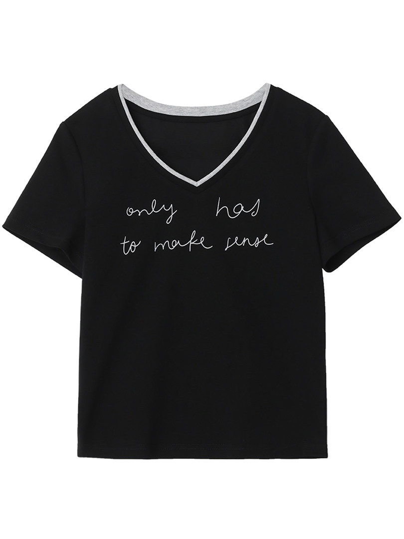 Black V-neck graphic T-shirt laid flat with white handwritten text