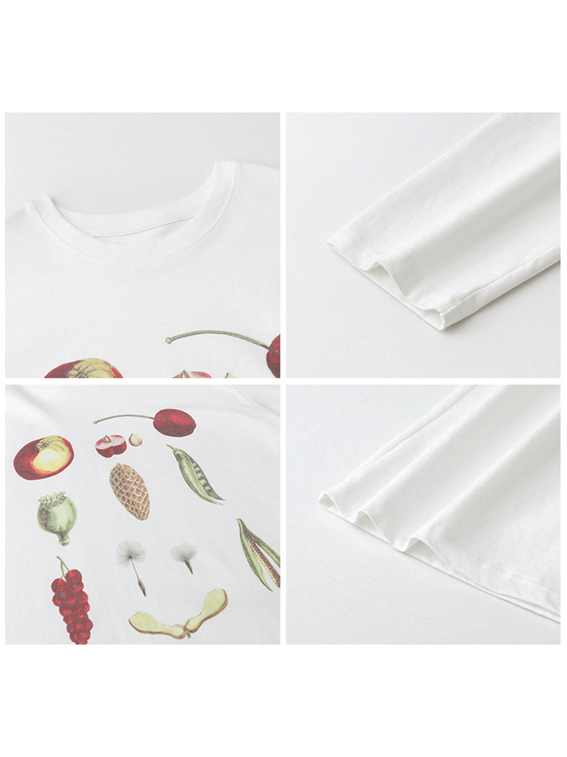 White graphic T-shirt with fruit print shown in multiple close-up views