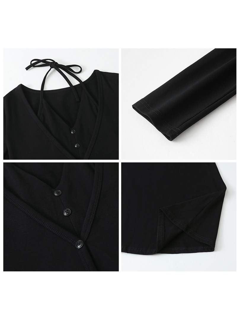 Black long-sleeve top with tie neckline and button front details
